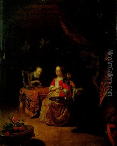 Interieur Mit Einer Dame, Ihrer Magd Und Einem Diener Oil Painting - Jacob Ochtervelt