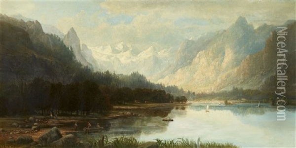 Mountainous Landscape With A Lake Oil Painting - Heinrich Adolf Valentin Hoffmann