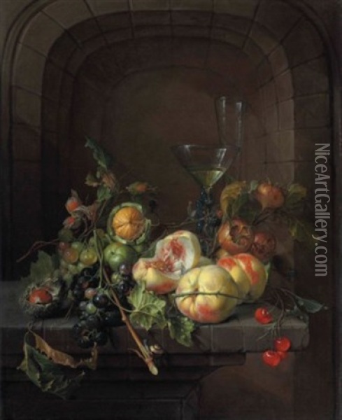 Peaches, Grapes, Medlars, Walnuts, A Hazelnut, Cherries, And Black Raspberries With A Snail, A Facon De Venise Glass Of Wine, And A Flute Glass On A Stone Ledge Before A Niche Oil Painting - Cornelis De Heem