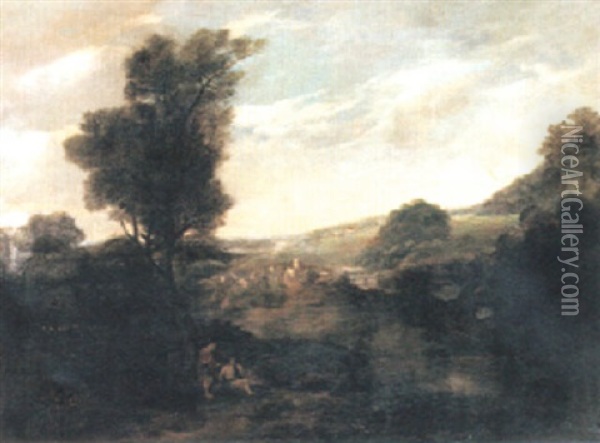 Italienskt Landskap Oil Painting - Nicolas Poussin