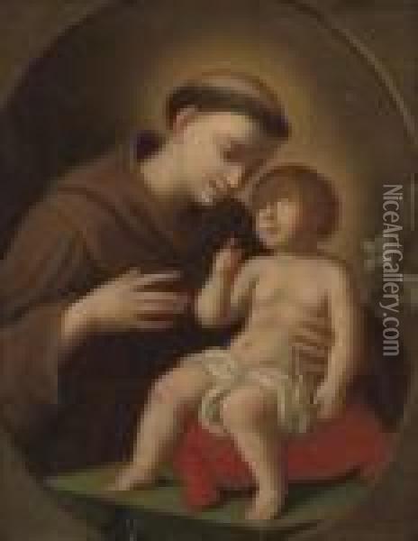 St. Francis Holding The Christ Child, In A Feigned Oval Oil Painting - Bartolome Esteban Murillo
