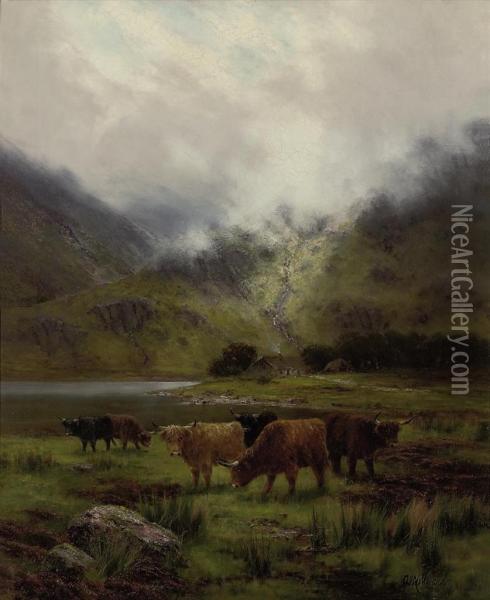 Cattle Grazing Before A Loch, A Cottage Beyond Oil Painting - A Millward