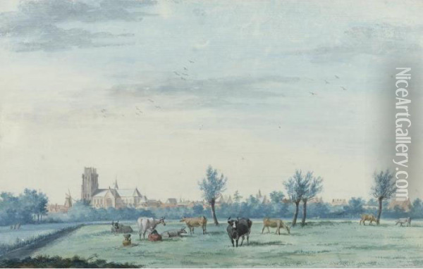 View Of Dordrecht From The South-west, With Cattle And A Milkmaid In The Foreground Oil Painting - Aert Schouman