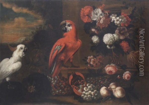 A Scarlet Macaw And A Cockatoo In A Landscape With Melons, Black And White Grapes, A Pomegranate And Peaches With A Vase Of Mixed Flowers On A Ledge Oil Painting - Pieter Casteels III