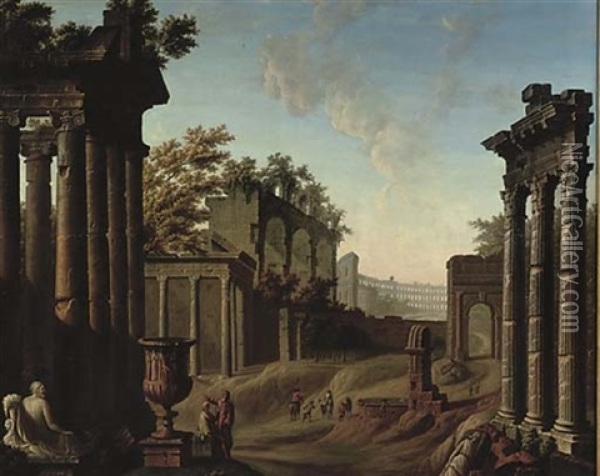 A Roman Capriccio, With Figures In The Foreground, The Coliseum Beyond Oil Painting - Giovanni Paolo Panini