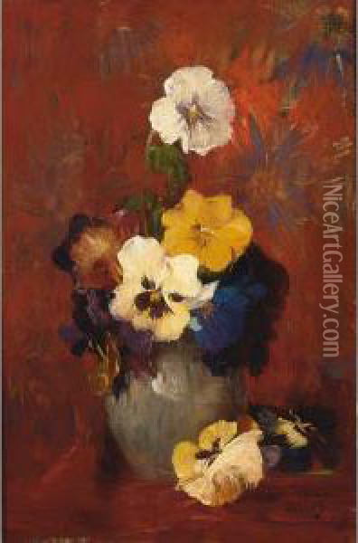 A Flower Still Life With Violets In A Stone Vase Oil Painting - Hobbe Smith