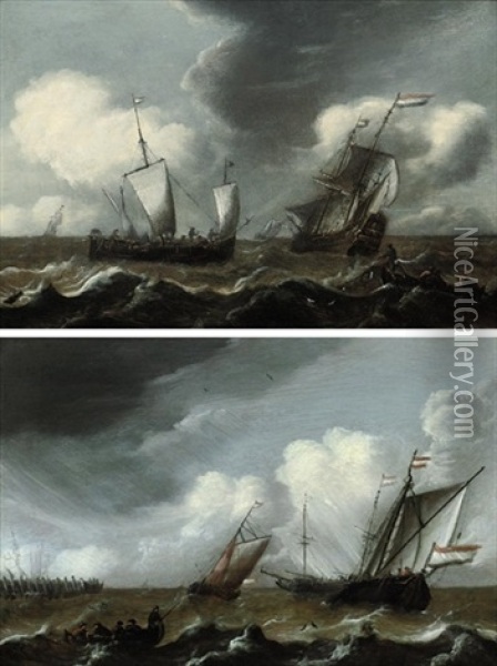 A Dutch Schooner, A Man-o-war, And A Fishing Boat In Stormy Seas (+ Dutch Schooners And A Landing Skiff Approaching The Harbor; Pair) Oil Painting - Pieter Coopse