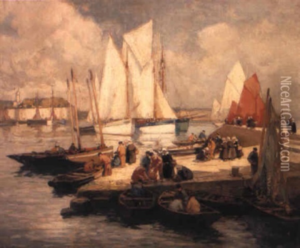 Figures On A Jetty With Sailing Vessels Oil Painting - Henri Alphonse Barnoin