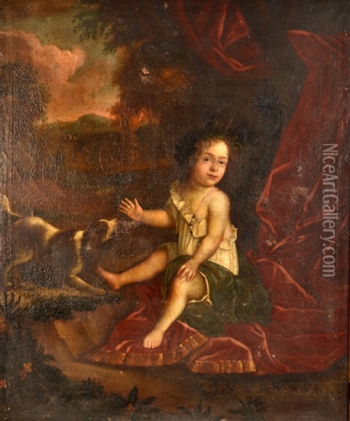 Child And A Spaniel Before A Landscape Oil Painting - Mary Beale