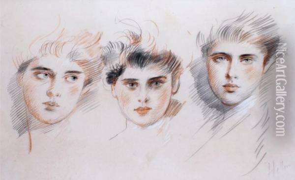 Les Trois Jeunes Femmes Oil Painting - Paul Cesar Helleu