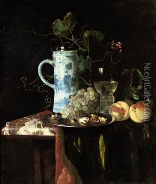 A Chinese Transitional Blue And White Silver-mounted Tankard Oil Painting - Hendrik de Fromantiou