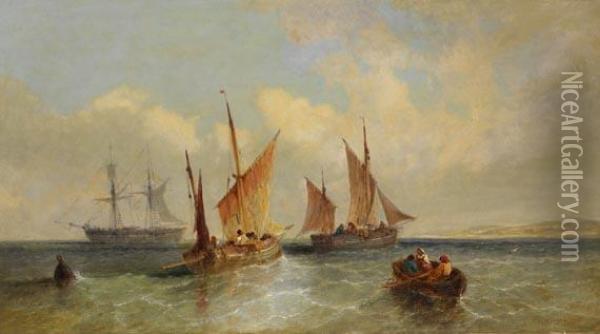 Segelschiffe Und Ruderboot Vor Kustenlandschaft Oil Painting - Albert Rieger