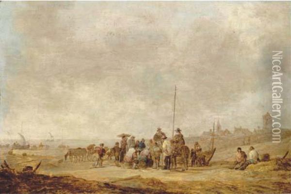 Fishermen With Their Catch And Townsfolk On The Beach At Katwijkaan Zee Oil Painting - Jan van Goyen