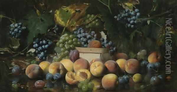 Still Life with Peaches, Plums and Grapes Oil Painting - Joseph Decker