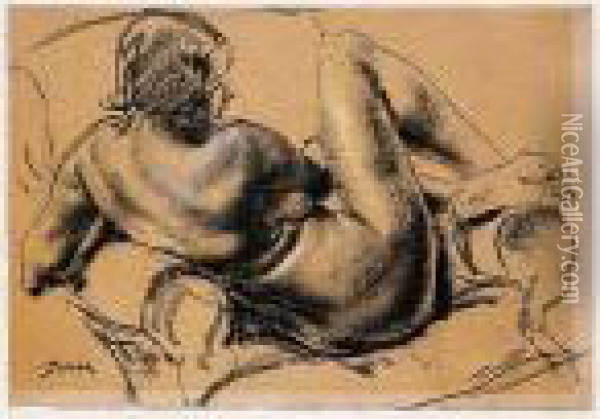 Desnudo Recostado Deespaldas Oil Painting - Enrique Serra y Auque