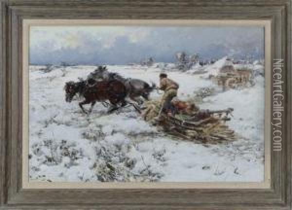 Winter Scene Depicting Twohorses Pulling A Sled With Three Figures. Oil Painting - Jaroslav Friedrich Julius Vesin