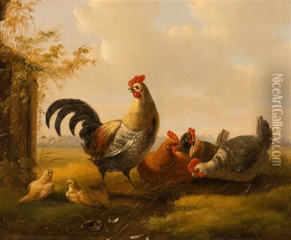 A Rooster At Guard; Picking Grit (2 Works) Oil Painting - Albertus Verhoesen
