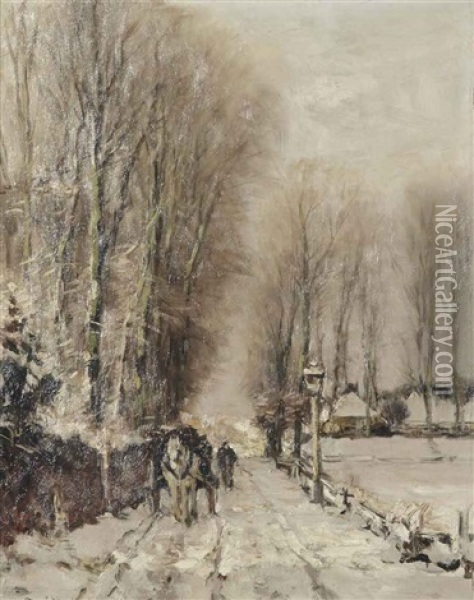 A Horse-drawn Cart On A Snowy Path Oil Painting - Louis Apol