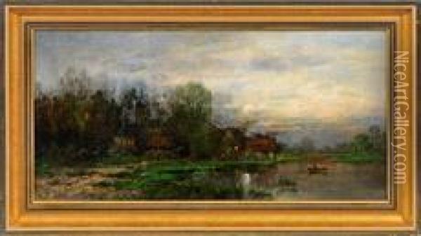 Abendlichelandschaftsimpression Mit Dorf Am Flussufer Oil Painting - Eduard Josef Muller