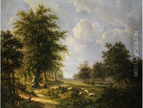 Baumlandschaft Mit Schafen Und Einem Hirten Oil Painting - Barend Cornelis Koekkoek