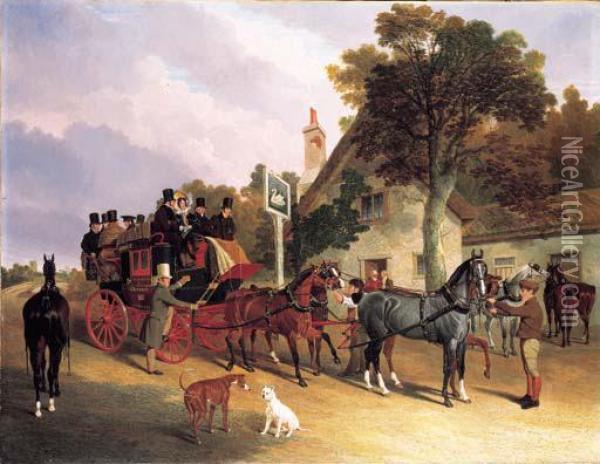 The London-to-leeds Stage Coach Changing Horses At The Swan Inn,bottisham, Cambridge Oil Painting - John Frederick Herring Snr