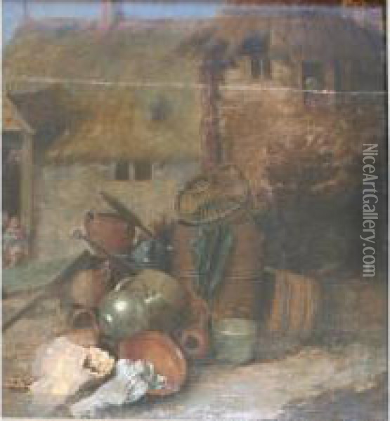 Bowls, Vessels And Flagons By A Barrel In A Cottage Yard Oil Painting - Cornelis Saftleven
