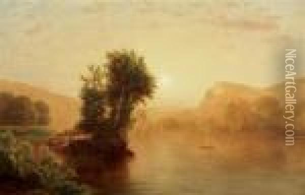 River Scene At Sunset Oil Painting - William Mason Brown