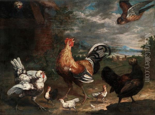Hawk Attacking Hens Family Oil Painting - Melchior de Hondecoeter