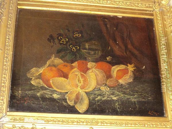 Still Life Of Oranges, Pansies And Drinking Glass Oil Painting - J. Clays