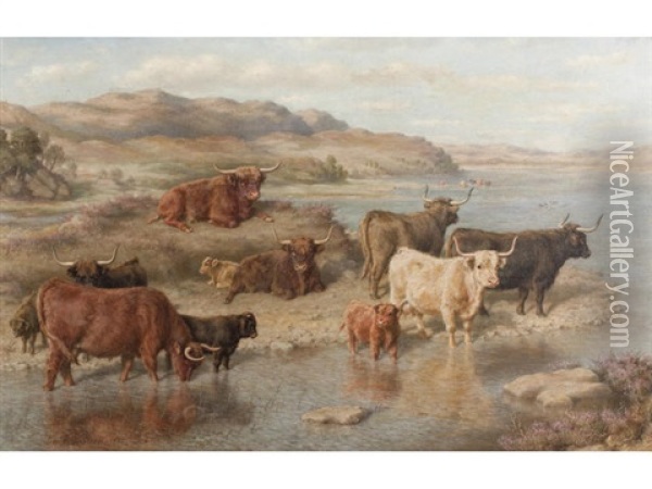 Cattle, Loch Strichen Oil Painting - David George Steell