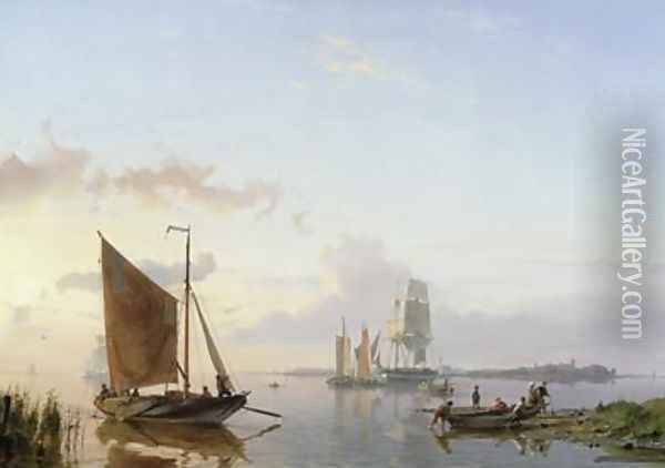 Sailing Vessels in an Estuary Oil Painting - Hermanus Koekkoek