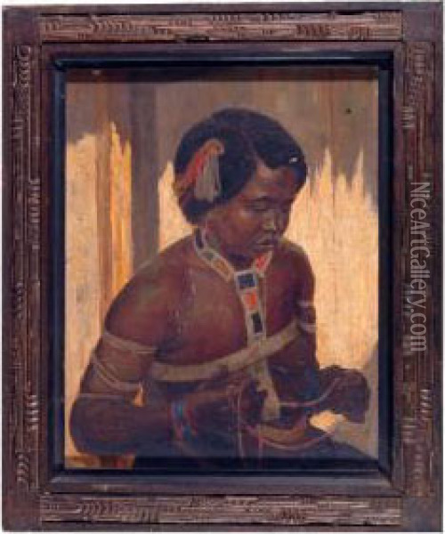 Portrait Of An African Girl Holding A Beaded Necklace Oil Painting - Alfred Richard Martin