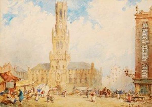 Market Scene With Cathedral In The Background Oil Painting - Pierre Le Boueff