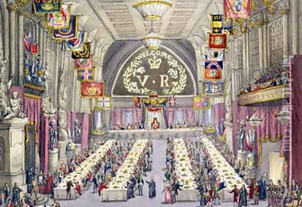The Common Crier Proclaiming the Toast of Health to Queen Victoria at a Banquet held in the Guildhall Oil Painting - F. Deiezmann