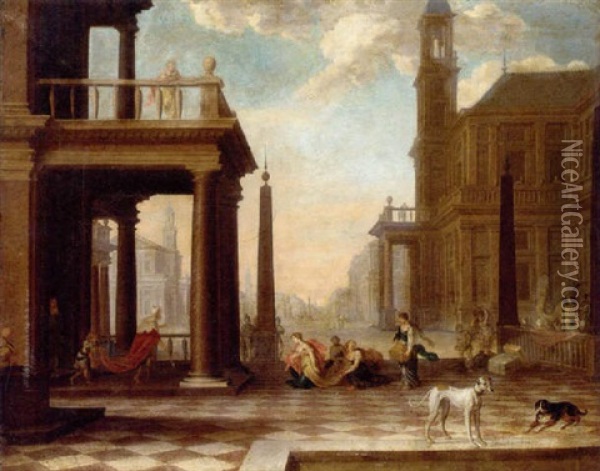 A Capriccio Of A Classical City With Esther And Ahasuerus Oil Painting - Dirck Van Delen