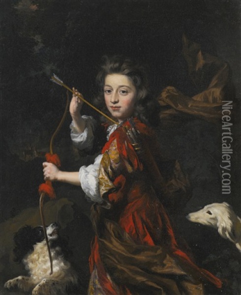 Portrait Of A Young Nobleman, Three-quarter-length, Wearing Red With A Brown Sash, Holding A Bow And A Quiver Of Arrows, With Two Dogs In A Wooded Landscape Oil Painting - Nicolaes Maes