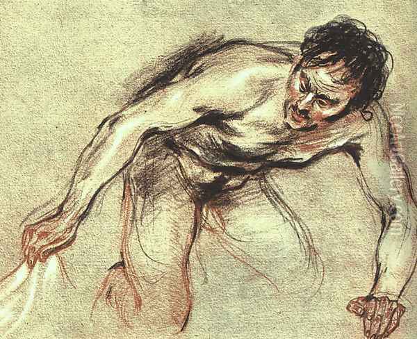 Kneeling Male Nude Oil Painting - Jean-Antoine Watteau