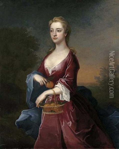 Portrait Of The Hon. Mary Digby In A Maroon Dress And Blue Wrap, Holding A Basket Of Oranges On Her Left Arm, An Orange In Her Right Hand Oil Painting - Charles Jervas