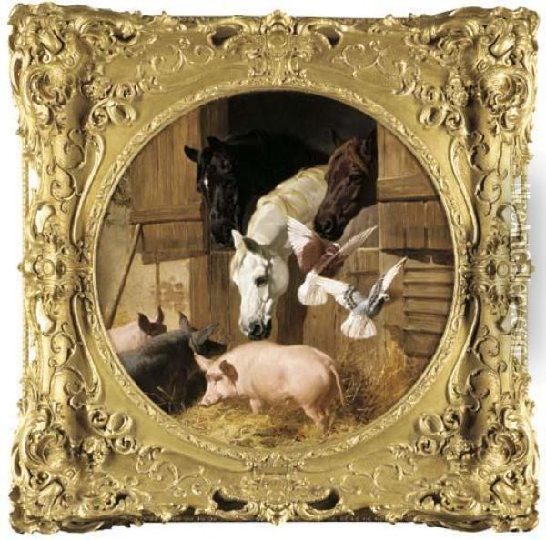 Three Horses At A Stable Door With Pigs And Doves Oil Painting - John Frederick Herring Snr