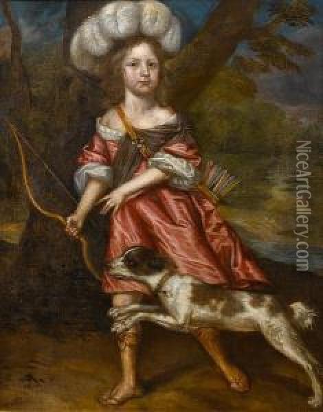 Portrait Of A Young Girl As 
Diana,full-length, In A Red Dress With A White Chemise, Holding A 
Bow,with A Dog At Her Feet Oil Painting - Jacob Huysmans