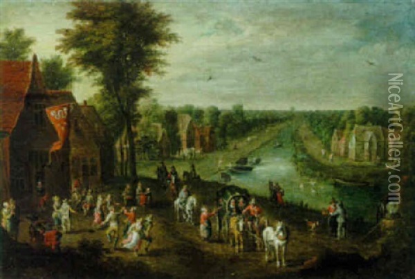 Village Landscape With Figures Dancing Outside A Tavern, Mounted Travellers Resting, A Canal Beyond Oil Painting - Peeter van Bredael