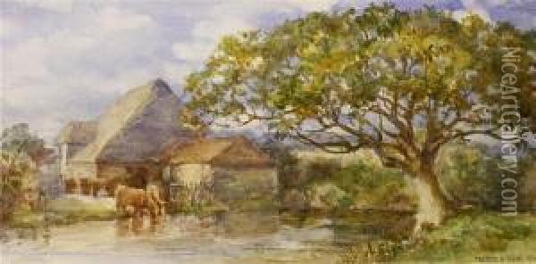 Cattle Watering By Farm Cottages Oil Painting - Francis Browne Tighe