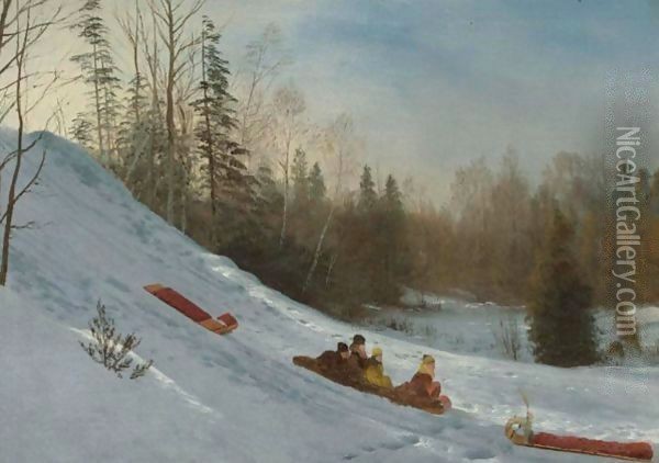 Tobogganing Oil Painting - Albert Bierstadt