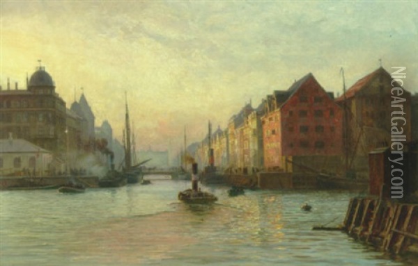 Solnedgang Over Nyhavn, Set Fra Gronlanske Handels Plads Oil Painting - Vilhelm Karl Ferdinand Arnesen