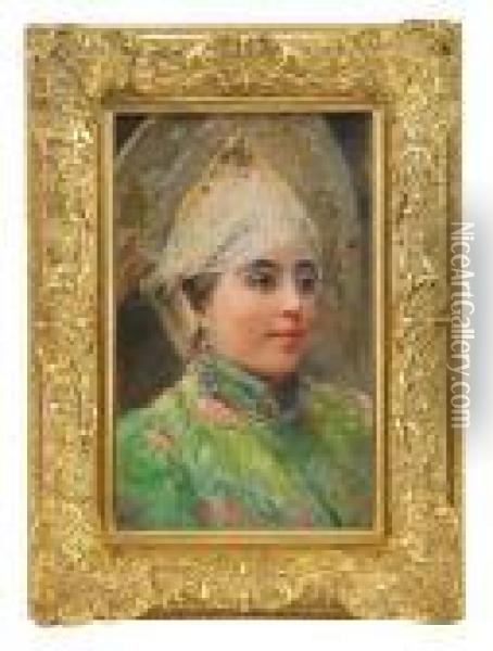 Portrait Of A Girl Wearing A Kokoshnik Oil Painting - Konstantin Egorovich Egorovich Makovsky