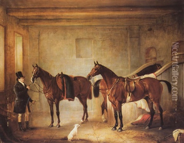 Sir John Thorold's Bay Hunters With Their Groom In A Stable Oil Painting - John E. Ferneley