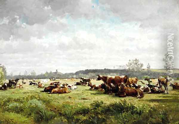 Cows grazing in a meadow in summer Oil Painting - Willem Roelofs