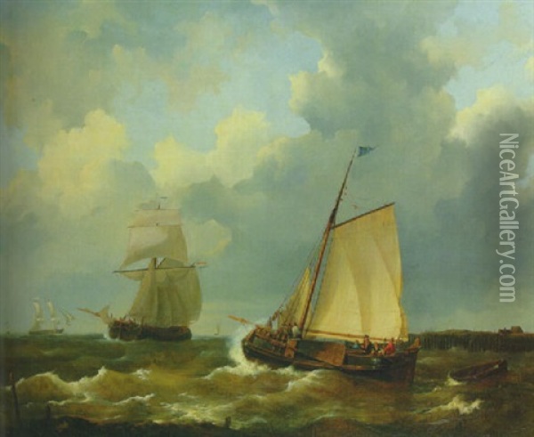 Busy Shipping Lanes Off The Dutch Coast Oil Painting - Johannes Christiaan Schotel
