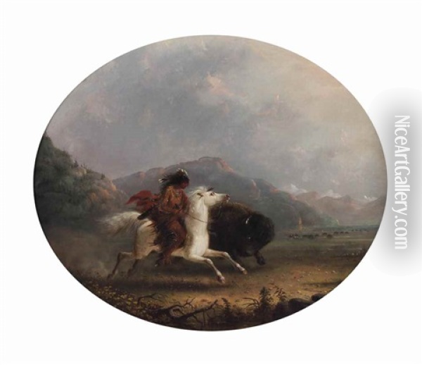 Pawnee Running A Buffalo Oil Painting - Alfred Jacob Miller