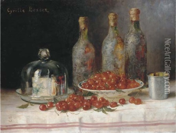 Still Life With Cherries, Cheese And Bottles On A Table Oil Painting - Cyrille Besset